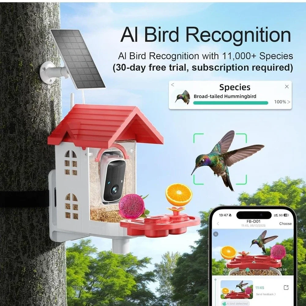 Smart Bird Feeder Camera FB-A08 2K WiFi Solar Powered AI Night Vision Red